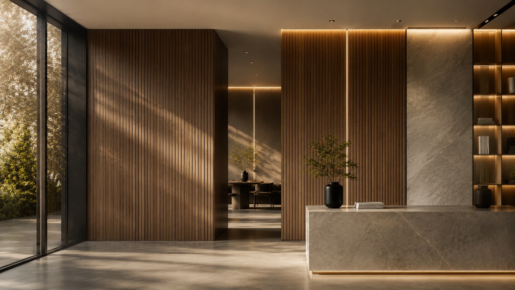 Luxury interior with wood panel accent wall